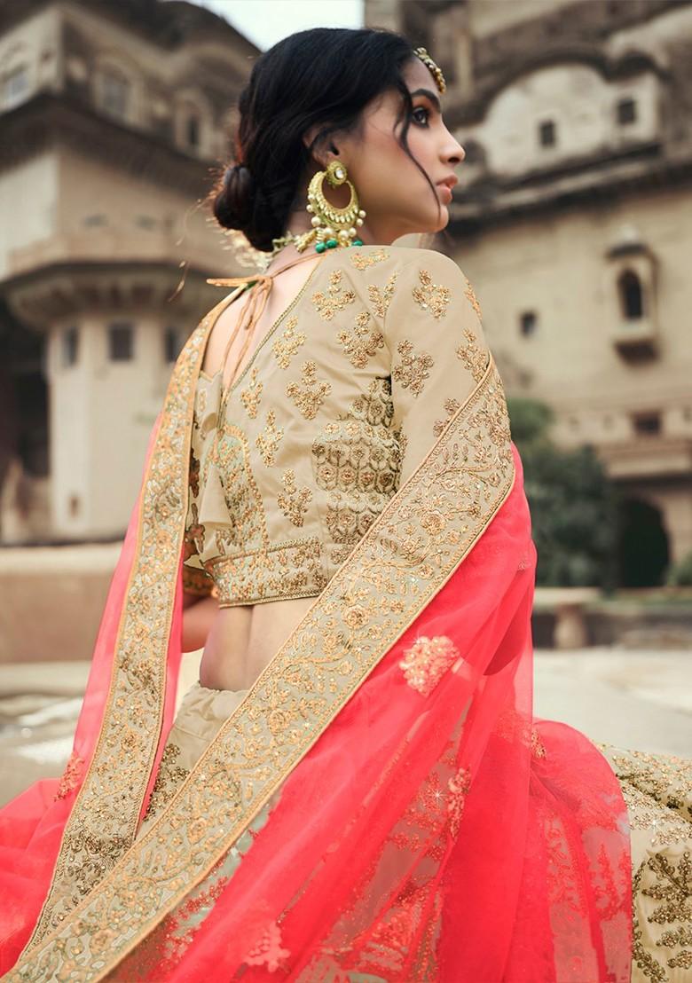 Beige Embroidered Poly Blend Lehenga Set