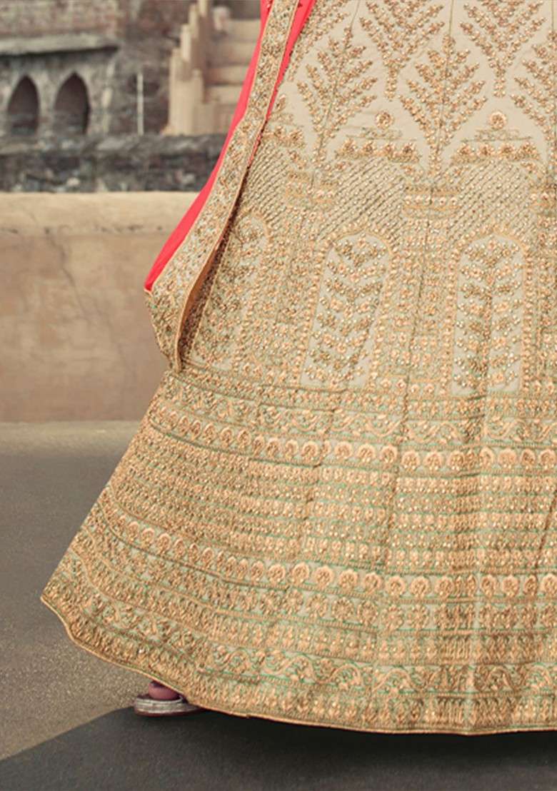 Beige Embroidered Poly Blend Lehenga Set - Indya