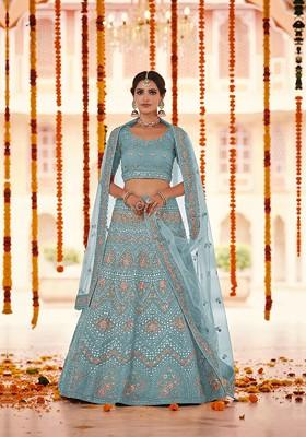 Turquoise Blue Embroidered Poly Blend Lehenga Set