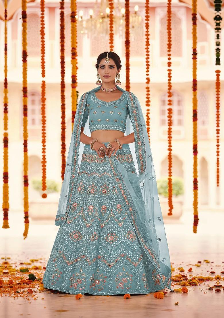 Turquoise Blue Embroidered Poly Blend Lehenga Set