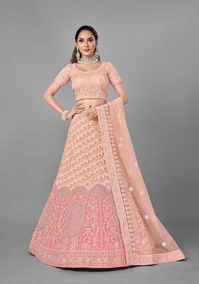 Peach Embroidered Poly Blend Lehenga Set