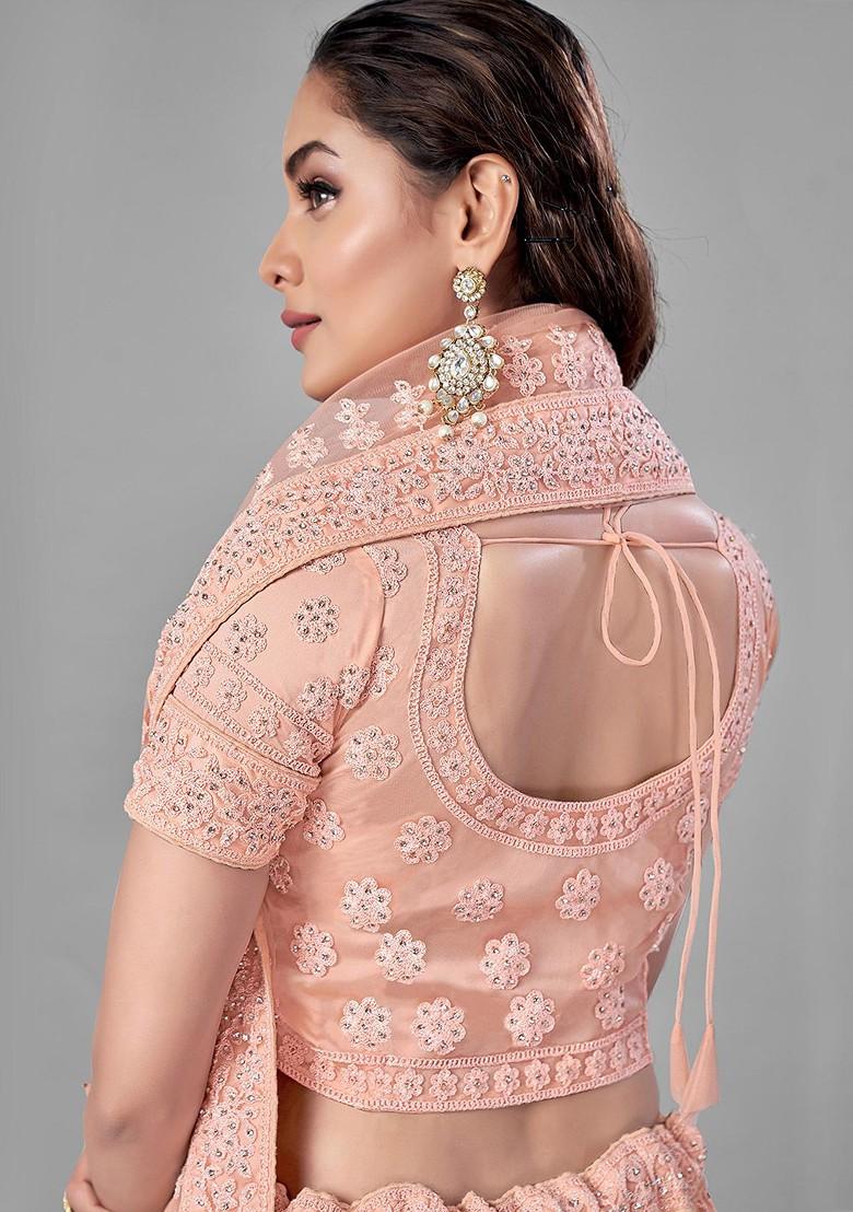 Peach Embroidered Poly Blend Lehenga Set