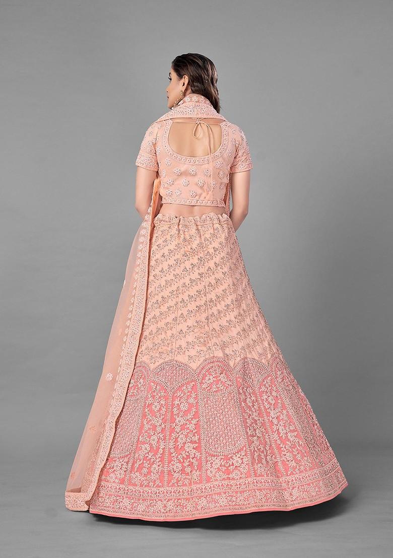 Peach Embroidered Poly Blend Lehenga Set