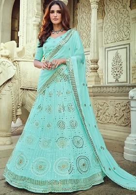 Blue Embroidered Poly Blend Lehenga Set