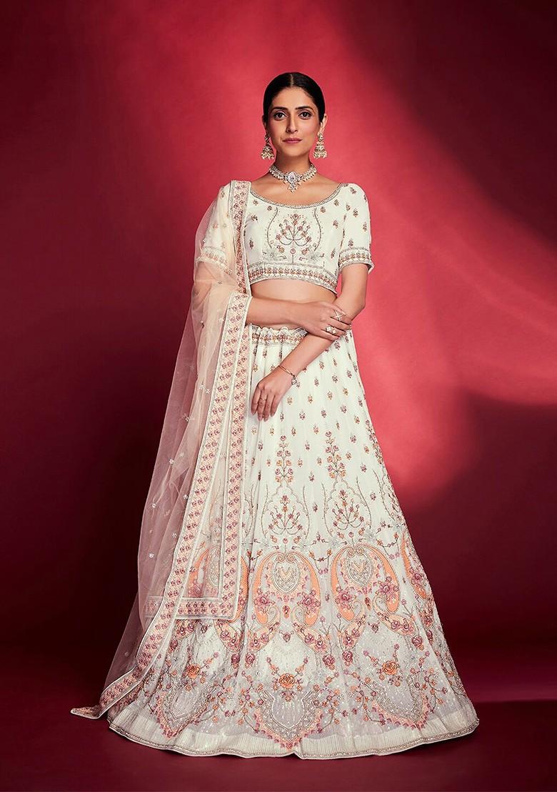 Off White Embroidered Poly Blend Lehenga Set