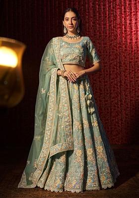 Turquoise Blue Embroidered Poly Blend Lehenga Set