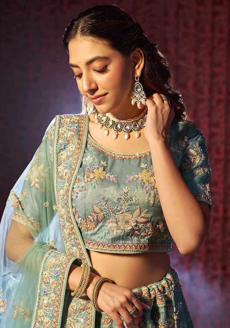 Turquoise Blue Embroidered Poly Blend Lehenga Set