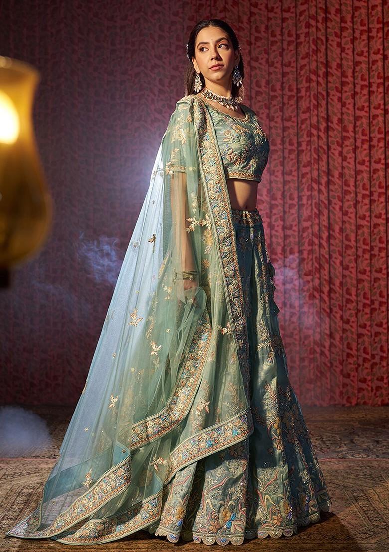 Turquoise Blue Embroidered Poly Blend Lehenga Set
