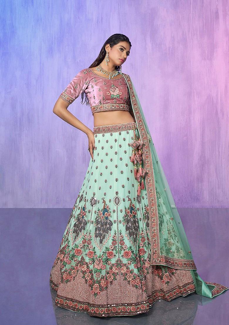 Blue Embroidered Poly Blend Lehenga Set