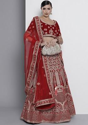 Maroon Embroidered Poly Blend Lehenga Set