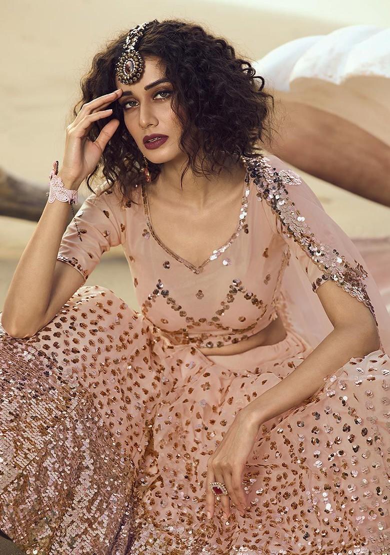 Peach Embroidered Poly Blend Lehenga Set