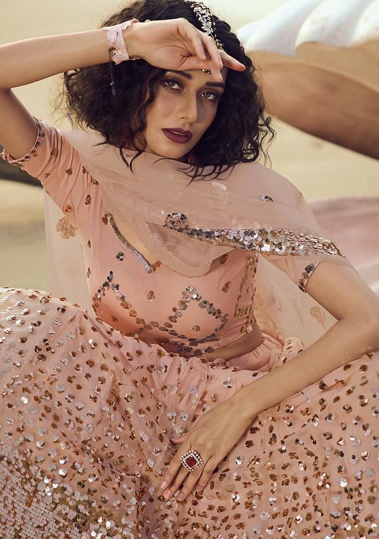 Peach Embroidered Poly Blend Lehenga Set