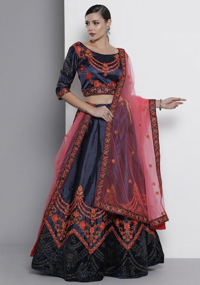 Navy Blue Embroidered Poly Blend Lehenga Set