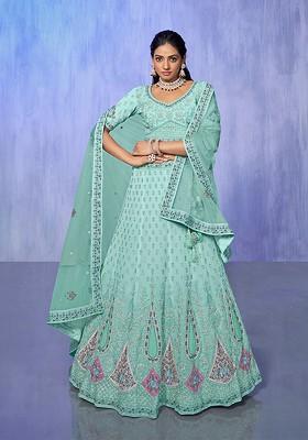 Blue Embroidered Poly Blend Lehenga Set