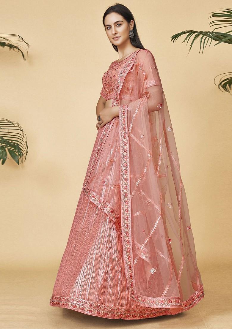 Peach Embroidered Poly Blend Lehenga Set
