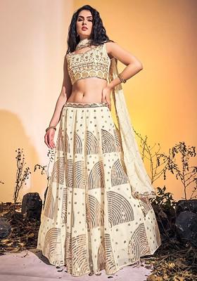 Off White Embroidered Poly Blend Lehenga Set