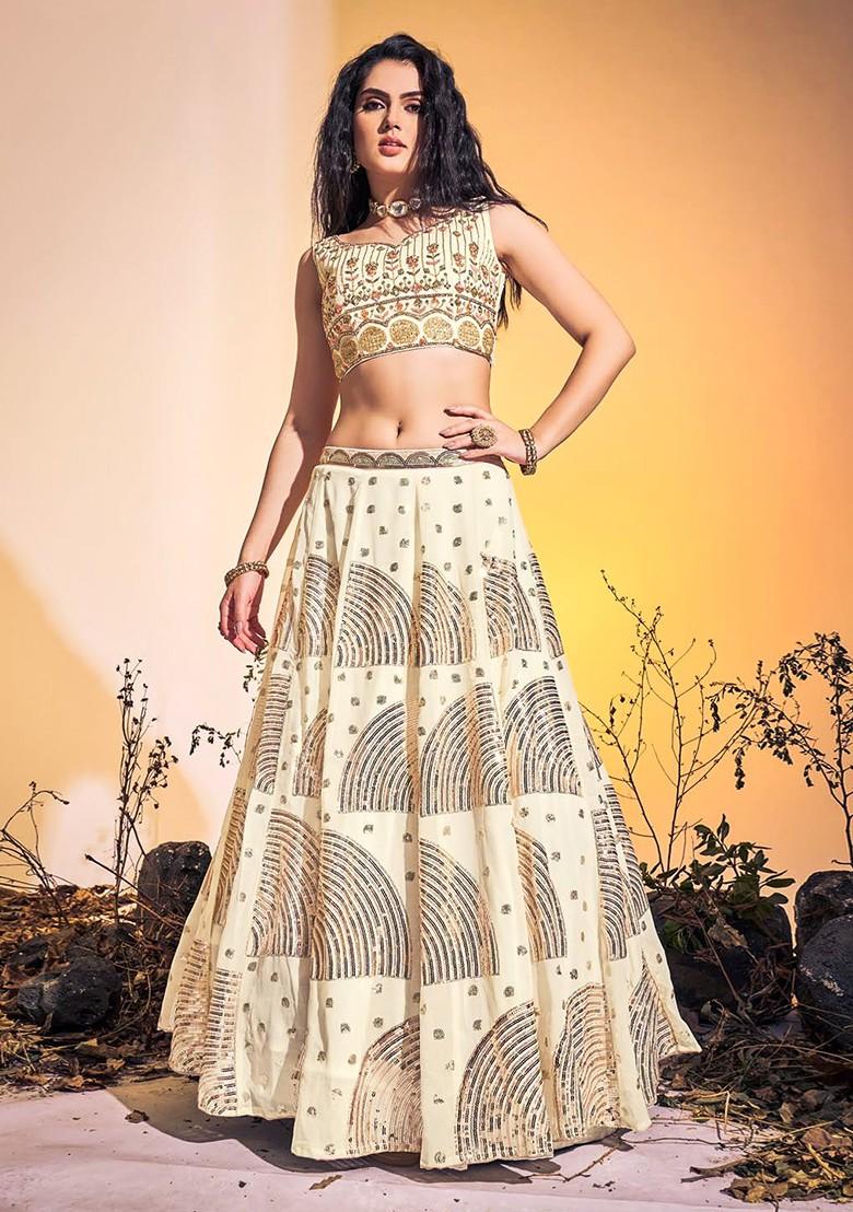 Off White Embroidered Poly Blend Lehenga Set