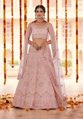 Peach Embroidered Poly Blend Lehenga Set