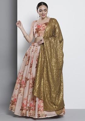 Peach Printed Poly Blend Lehenga Set