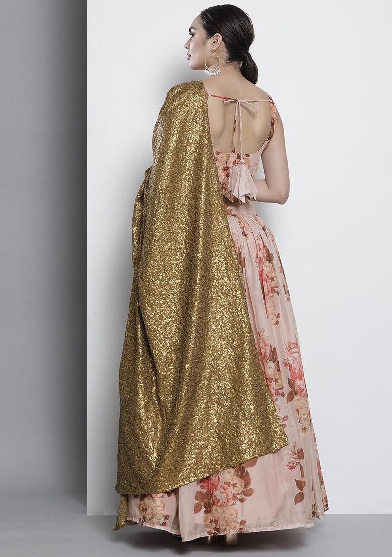 Peach Printed Poly Blend Lehenga Set