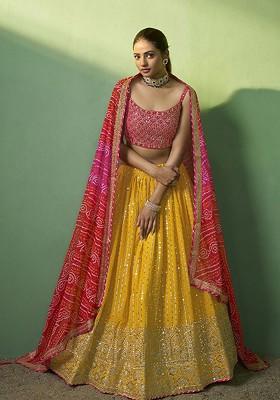 Mustard Yellow Embroidered Poly Blend Lehenga Set