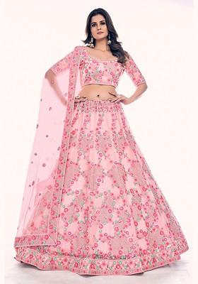 Pink Embroidered Poly Blend Lehenga Set