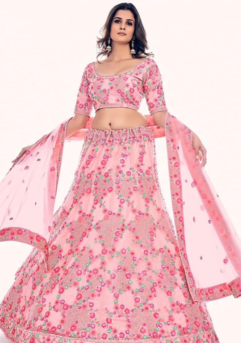 Pink Embroidered Poly Blend Lehenga Set