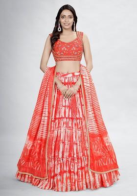 Orange Embroidered Poly Blend Lehenga Set
