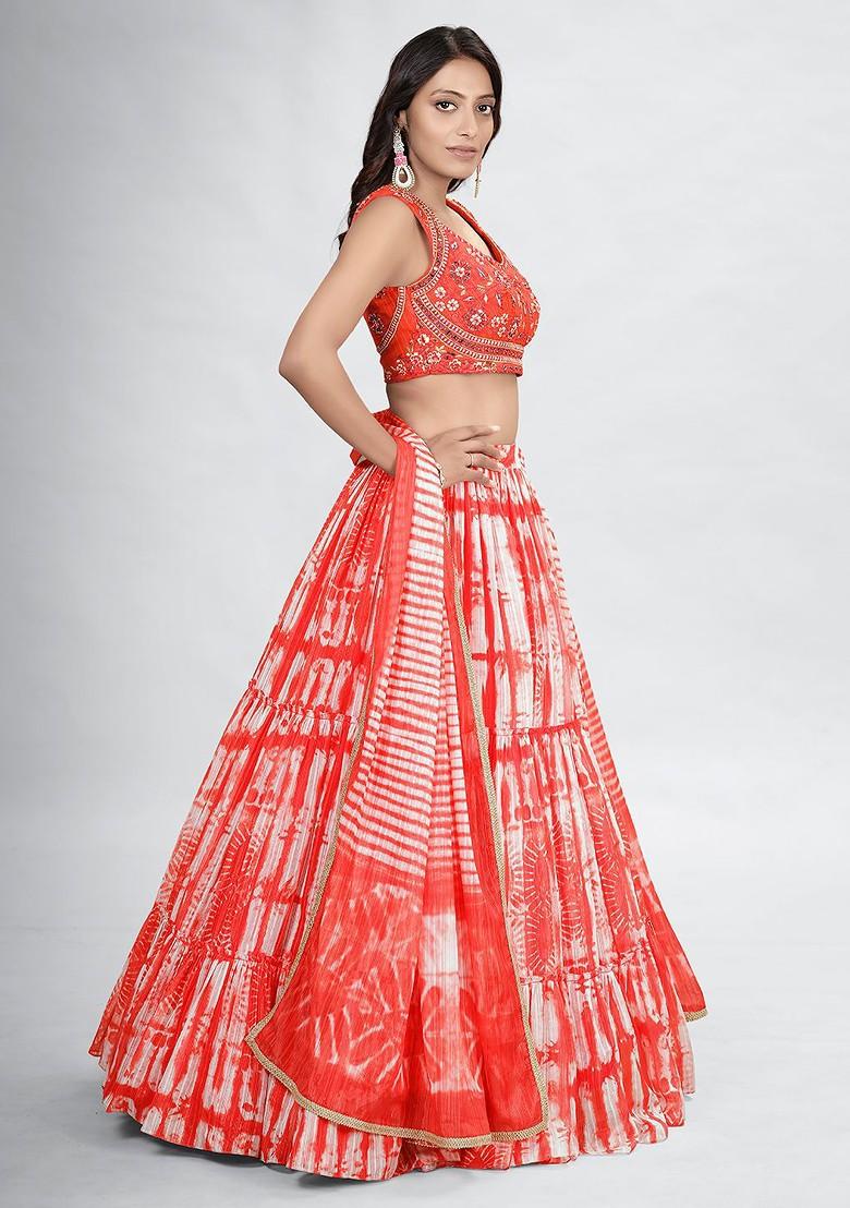 Orange Embroidered Poly Blend Lehenga Set