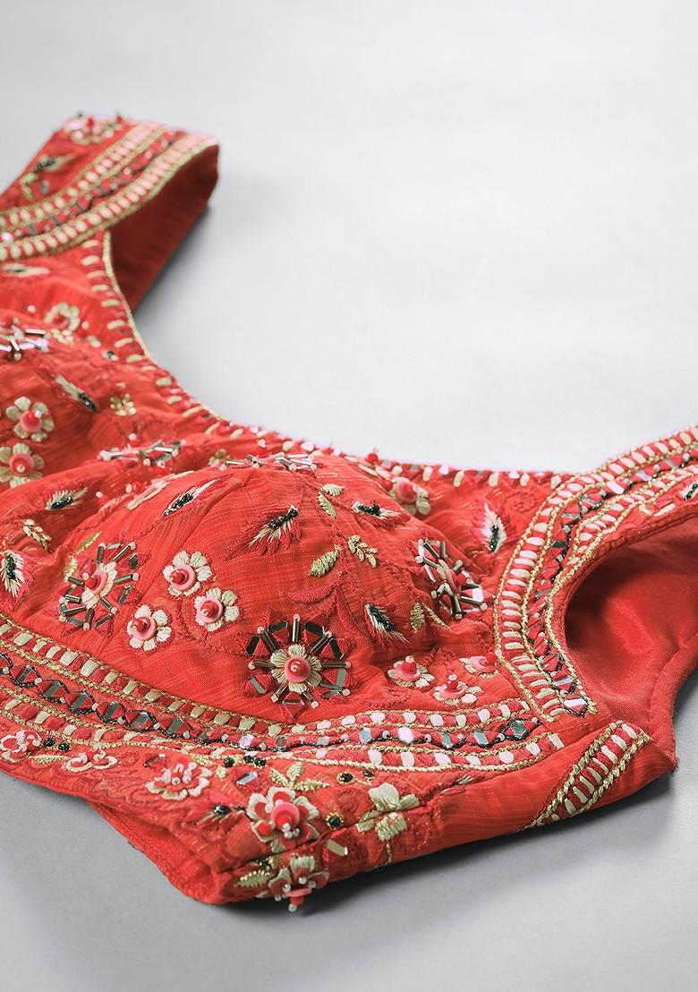 Orange Embroidered Poly Blend Lehenga Set