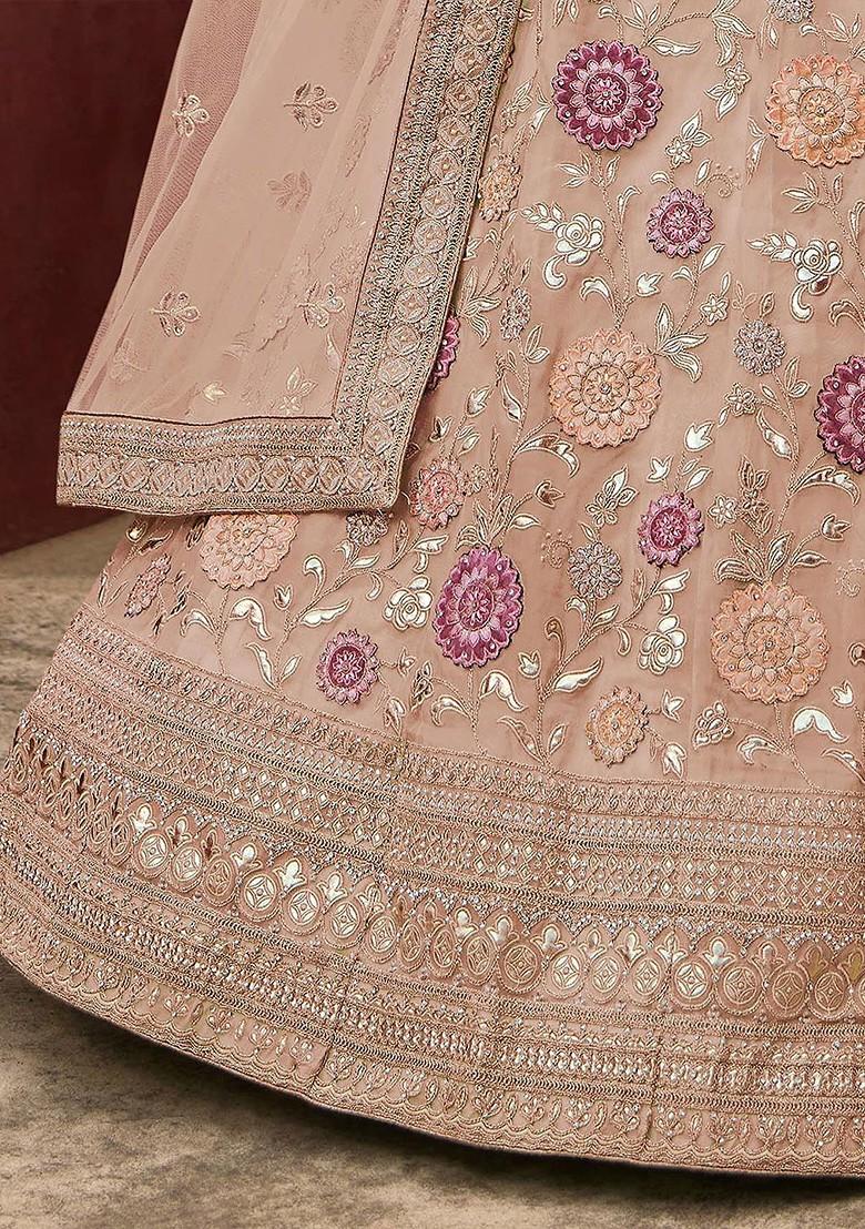 Beige Embroidered Poly Blend Lehenga Set
