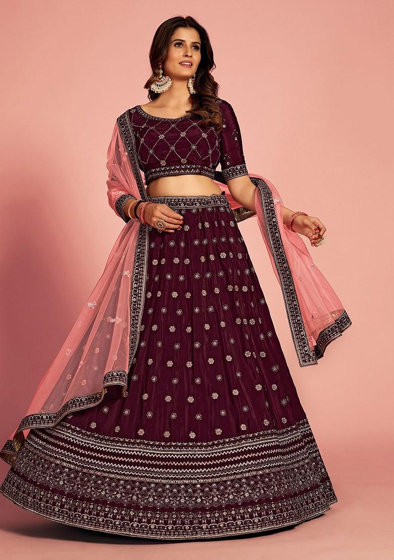 Burgundy Embroidered Poly Blend Lehenga Set