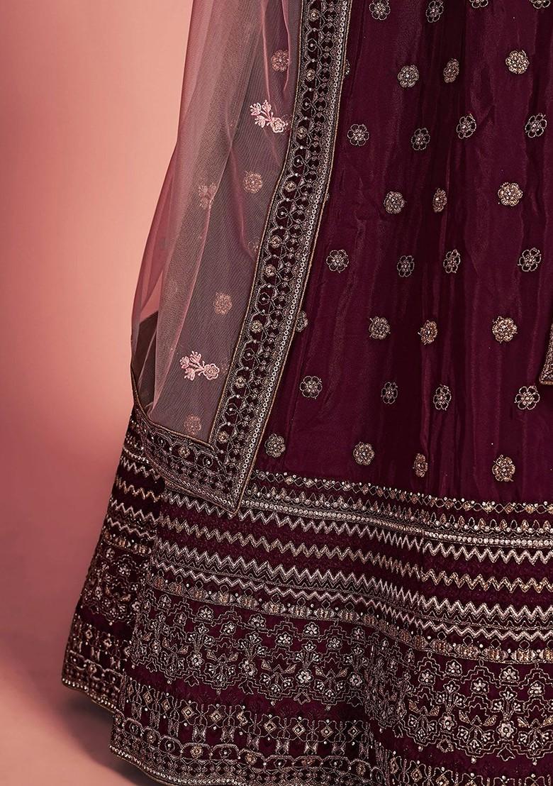 Burgundy Embroidered Poly Blend Lehenga Set