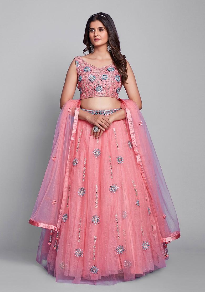 Pink Embroidered Poly Blend Lehenga Set