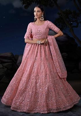 Pink Embroidered Poly Blend Lehenga Set