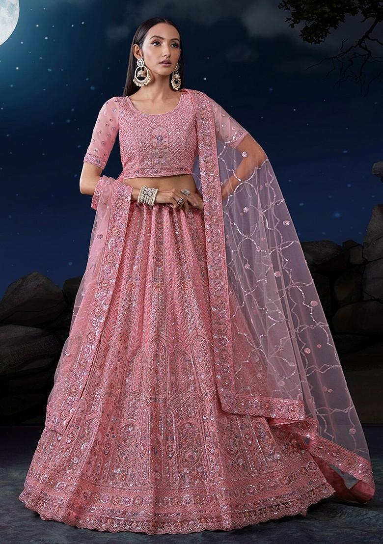 Pink Embroidered Poly Blend Lehenga Set