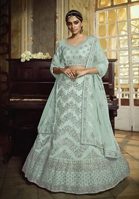 Blue Embroidered Poly Blend Lehenga Set