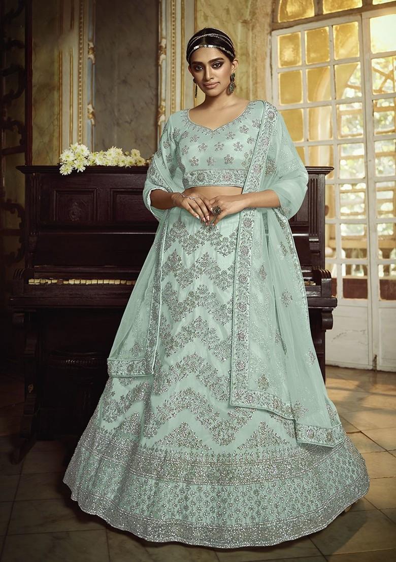 Blue Embroidered Poly Blend Lehenga Set