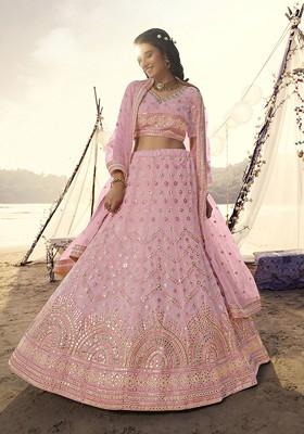 Pink Embroidered Poly Blend Lehenga Set