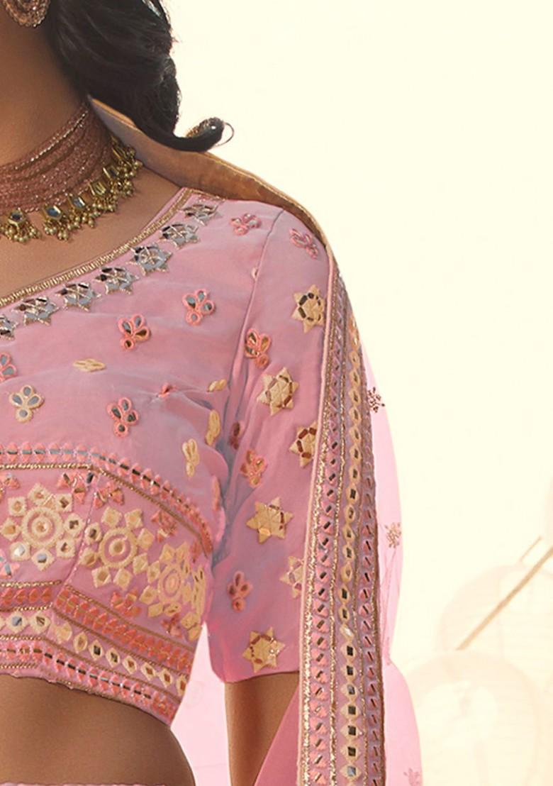 Pink Embroidered Poly Blend Lehenga Set