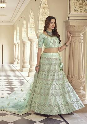Green Embroidered Poly Blend Lehenga Set