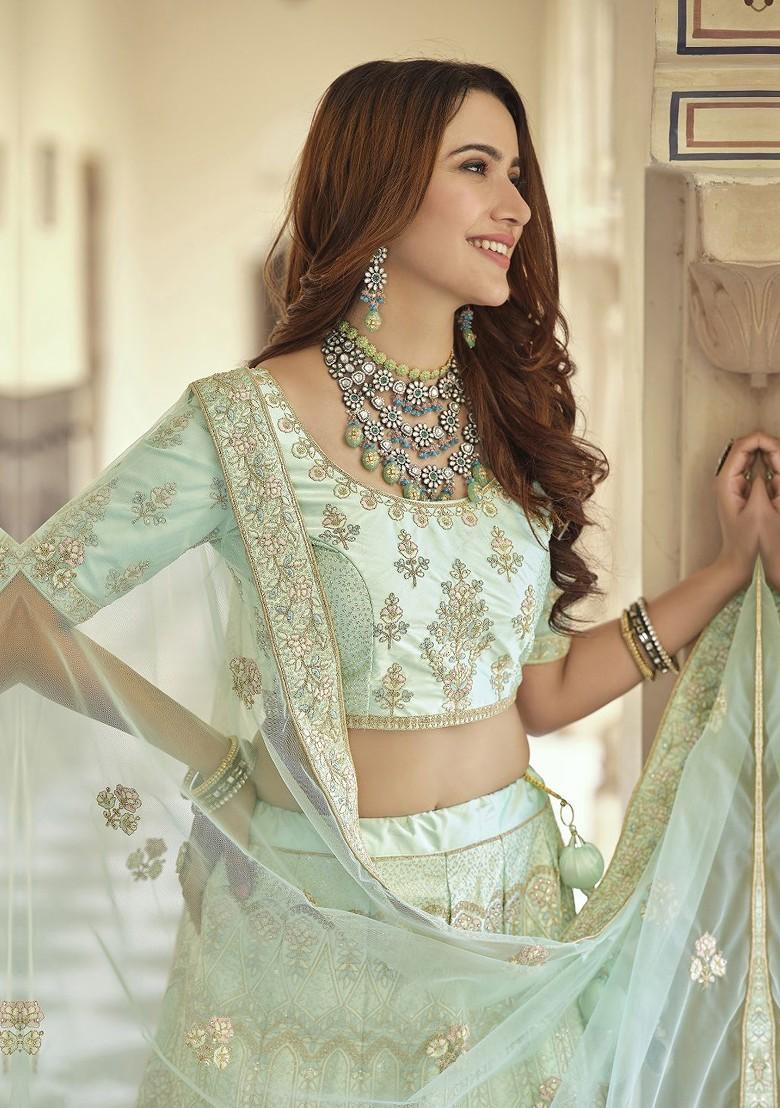 Green Embroidered Poly Blend Lehenga Set