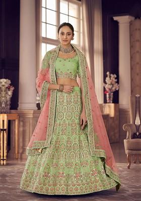 Green Embroidered Poly Blend Lehenga Set