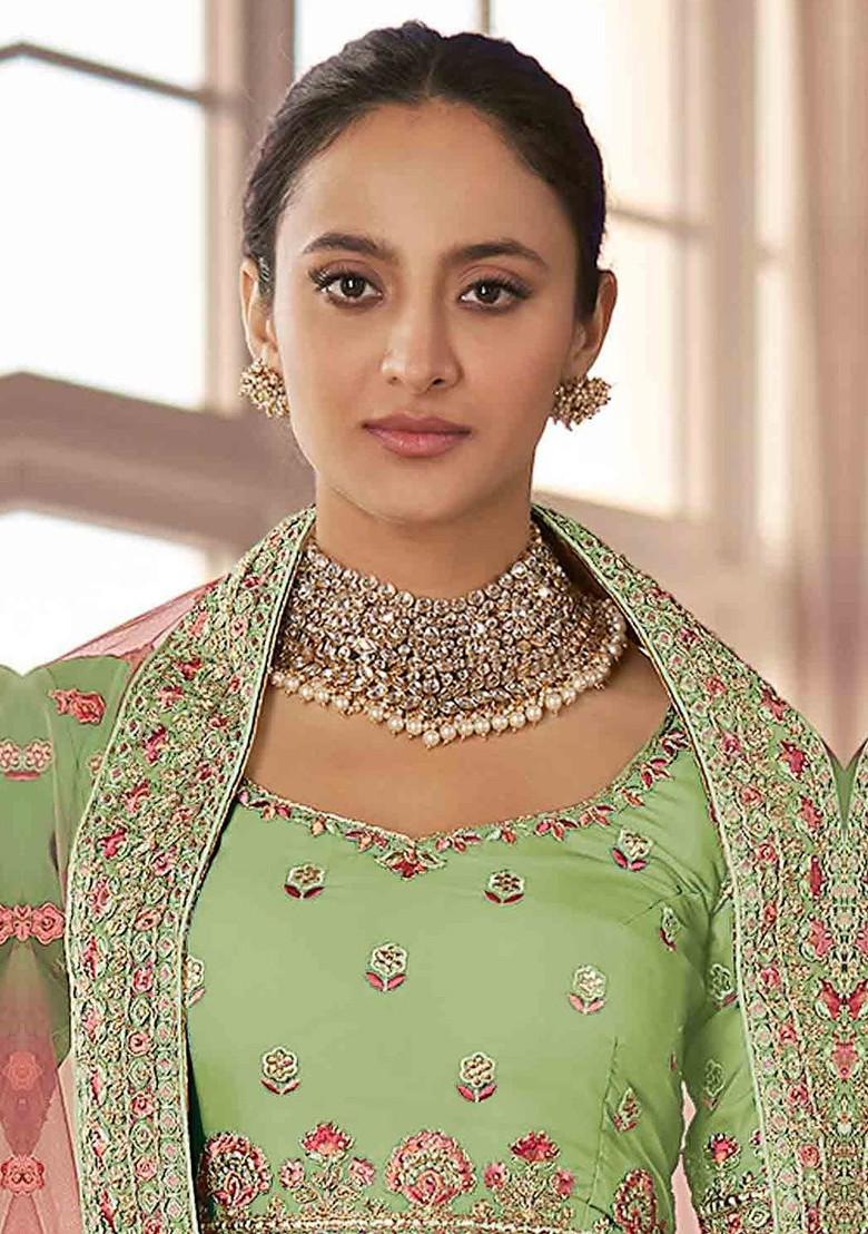 Green Embroidered Poly Blend Lehenga Set