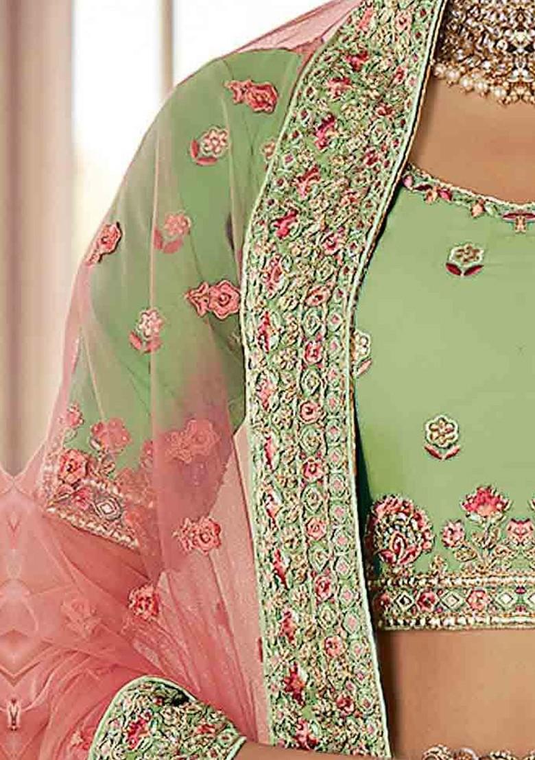 Green Embroidered Poly Blend Lehenga Set