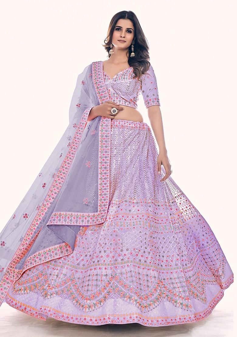 Lavender Embroidered Poly Blend Lehenga Set
