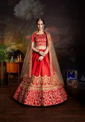Red Embroidered Poly Blend Lehenga Set