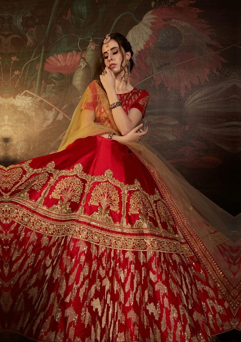 Red Embroidered Poly Blend Lehenga Set