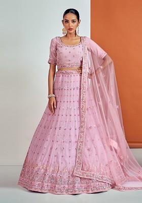 Pink Embroidered Poly Blend Lehenga Set