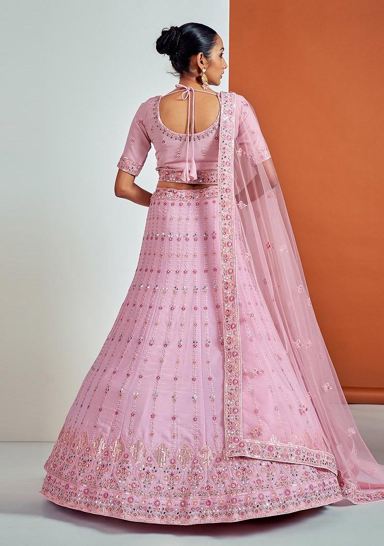 Pink Embroidered Poly Blend Lehenga Set